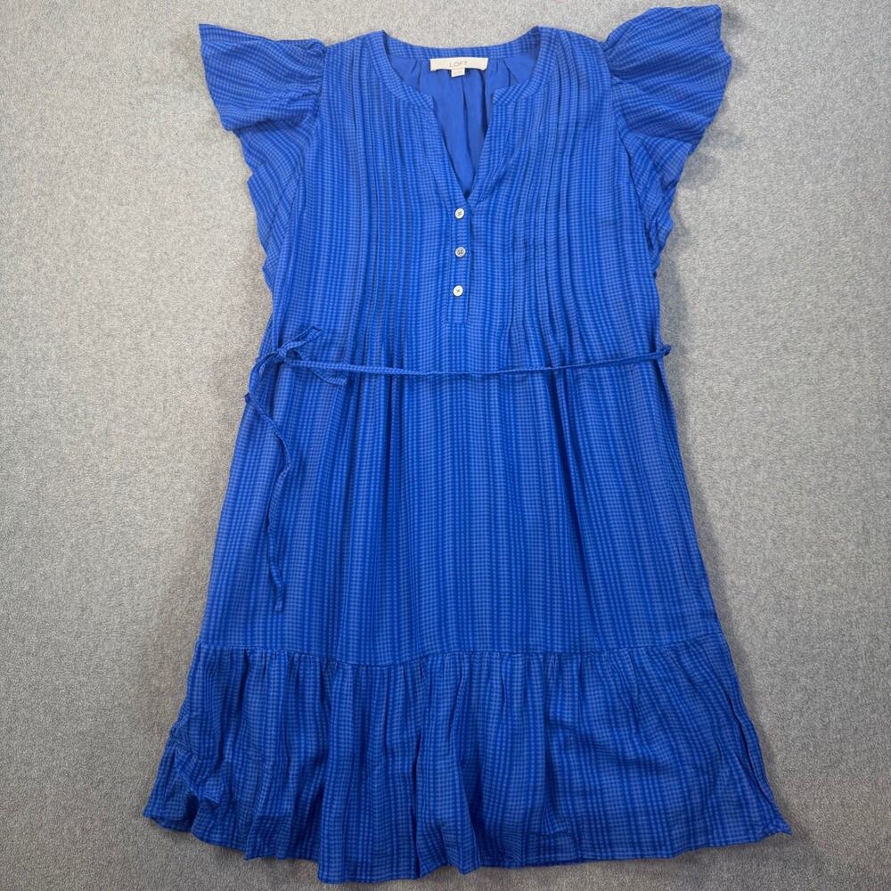 LOFT Women's XS Blue Plaid Ruffle Sleeve V-Neck Shirtdress Belted Tiered Hem